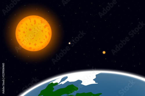 View of Earth and Sun from outer space. Vector illustration.