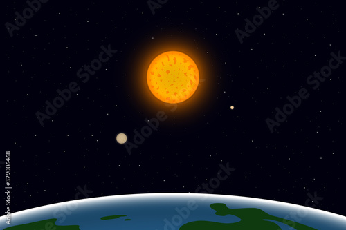 View of planet Earth and Sun from space. Vector illustration.
