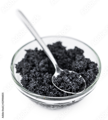 Black Caviar as detailed close-up shot isolated on white background (selective focus)