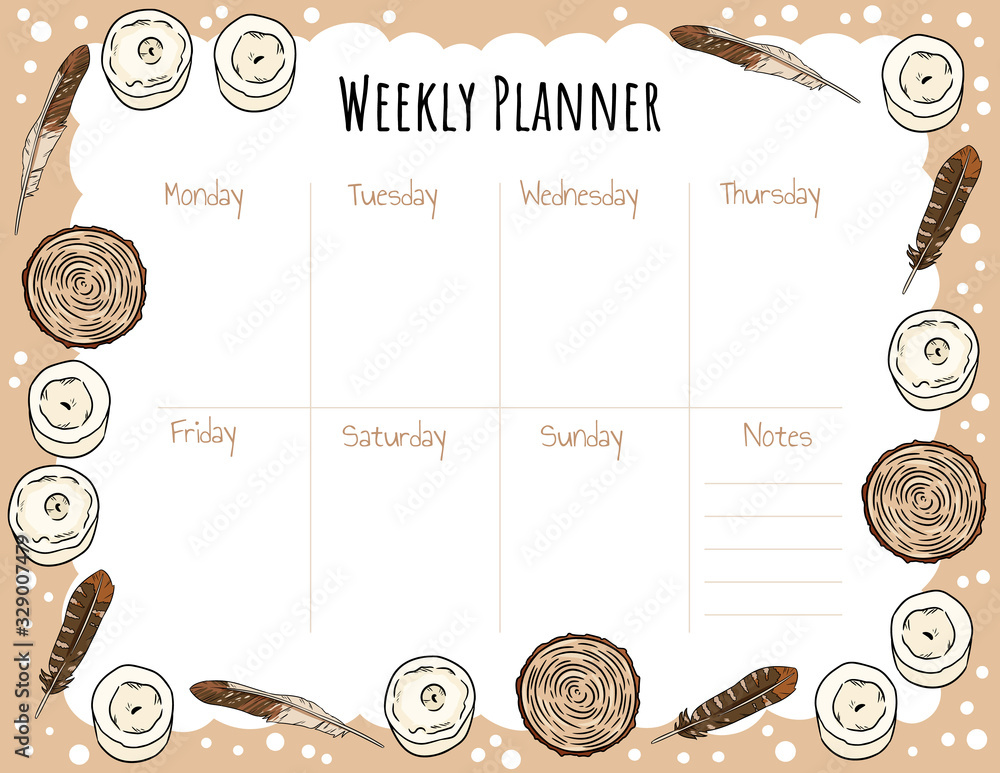Postcard template with candles, feathers and wood cut sections comic style doodles. Printable ...