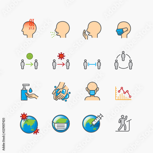 corona covid virus color icons flat line design vector
