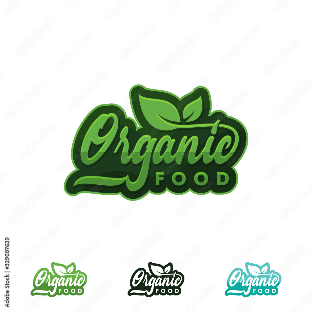 Organic food logo or label. Healthy food and product icon with green leaf Vector illustration. Organic food logo or label. Healthy food and product icon with green leaf Vector illustration.