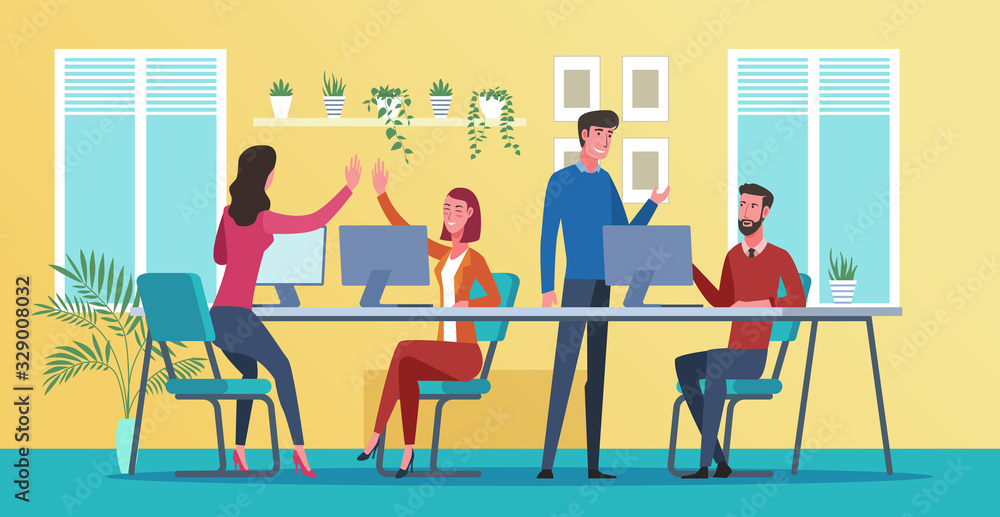 Office workers sitting at desk and communicating or talking to each other. Happy workers having conversation at workplace. Flat cartoon characters illustration Office workers sitting at desk and communicating or talking to each other. Happy workers having conversation at workplace. Flat cartoon characters illustration