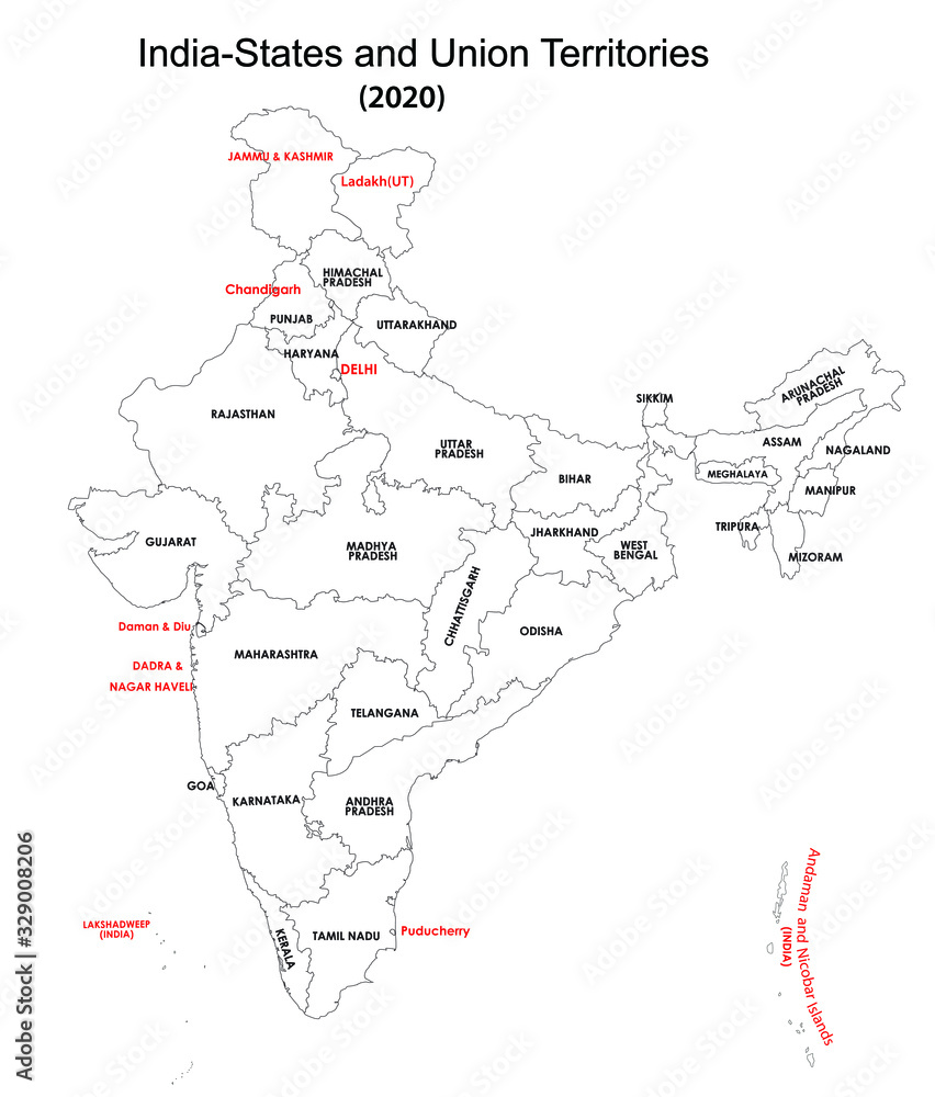 vector illustration of Indian states with union territories in India in 2019