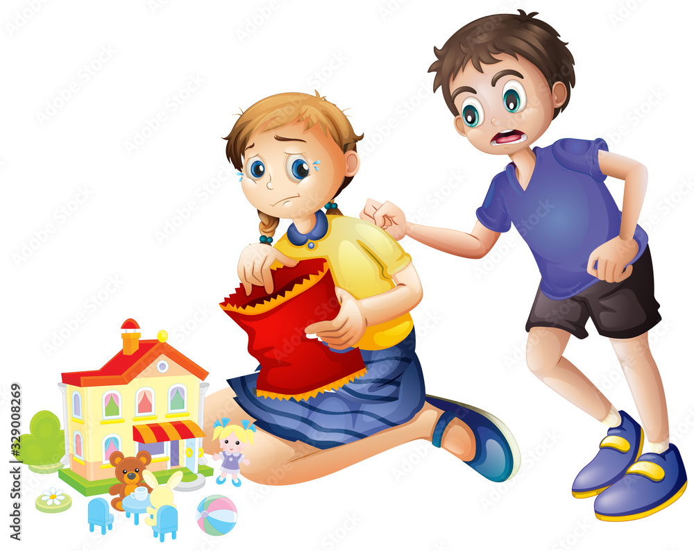 brother and sister fighting and brother thumped on back. Stock Illustration  | Adobe Stock