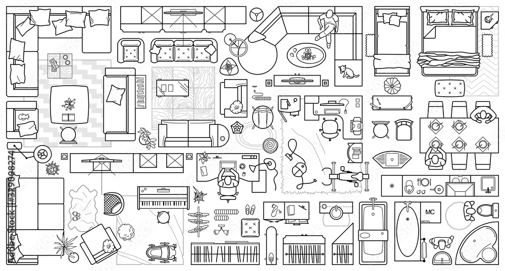 Floor plan icons set for design interior and architectural project (view from above). Furniture thin line icon in top view for layout. Blueprint apartment. Vector