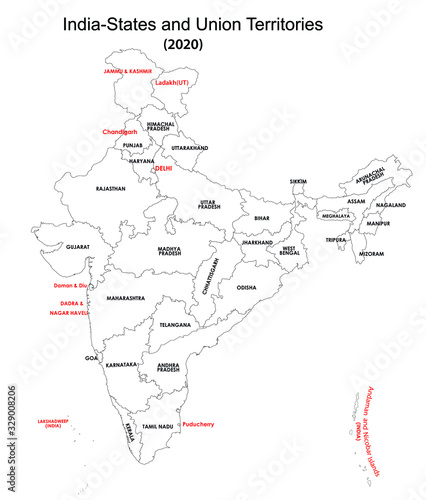 vector illustration of Indian states with union territories in India in 2019