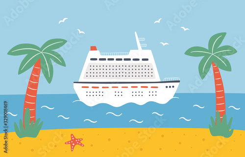 A luxury large cruise ship sails on the sea near the beach. Travel on an ocean liner. Hand drawn vector illustration