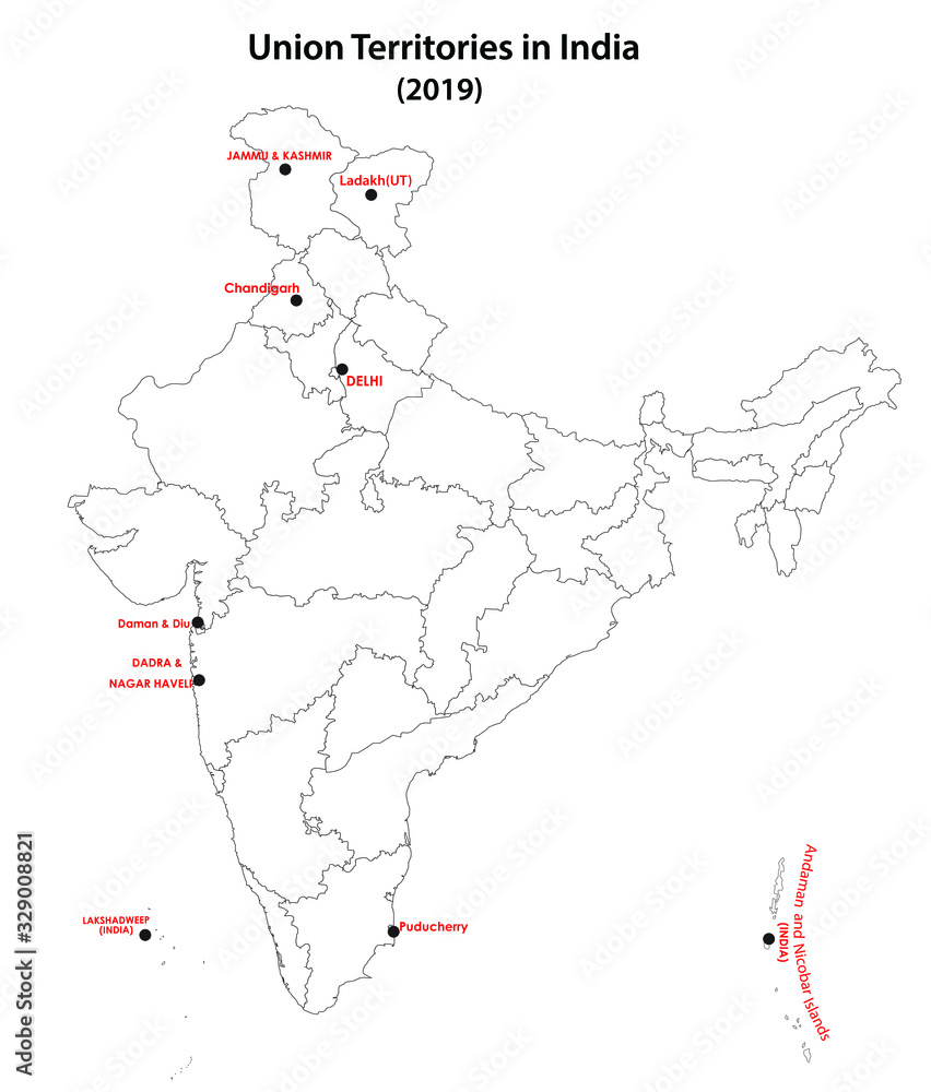 vector illustration of union territories in India with new division in 2019