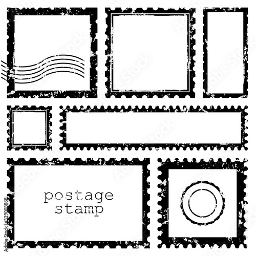 Grunge scratched rectangle and square dirt postage stamps, with a shadow isolated on white background. Vector frame border
