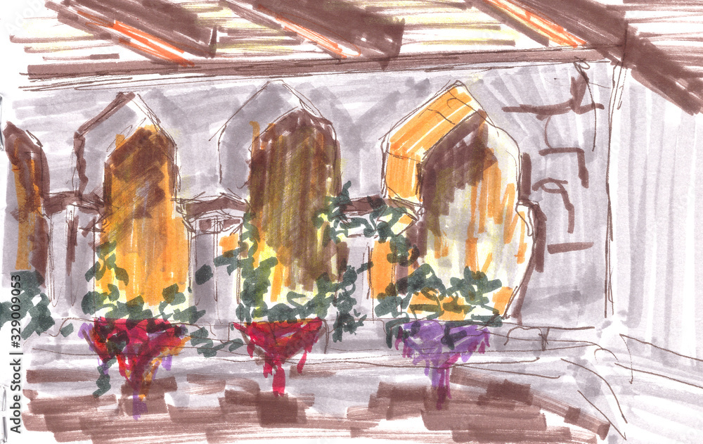 Graphic drawing of a beautiful wall with arched niches in summer cafe