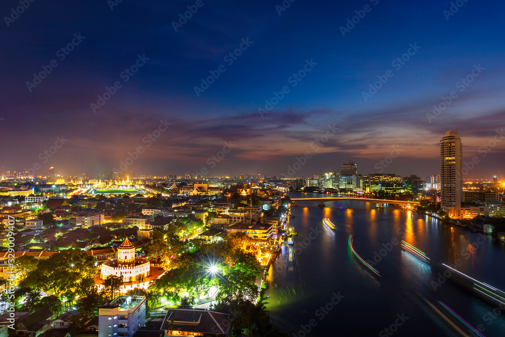 Bangkok City Scape, Thailand night. Panorama of Chao Praya River in Bangkok. View of phra Sumen fort with grand Palace and Emerald budha temple in the background, Bangkok Thailand.