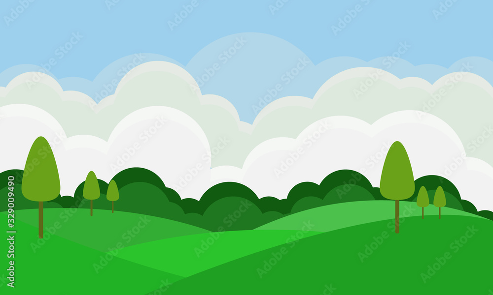 Flat landscape with green yard and tree on blue sky background.
