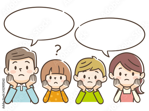 頬杖をつき考える家族