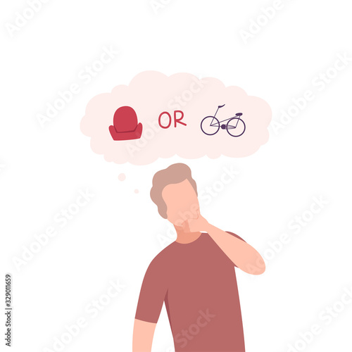 Young Man Trying to Make Decision, Armchair or Bike, Guy hoosing Between Healthy and Unhealthy Lifestyle Flat Vector Illustration photo