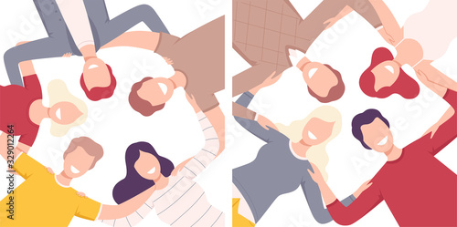 Group of Happy People Standing Together Forming Circle Set, View from the Bottom Flat Vector Illustration