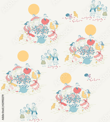 Vector seamless pattern of Korean traditional game. Gangkang Suwollae, a Korean circle dance. The modern design of Korea. Design for fabric, web design, print project, and rapping