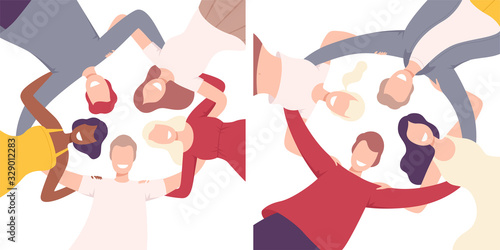 Happy People Embracing Together in Circle Set, Low Angle View Flat Vector Illustration