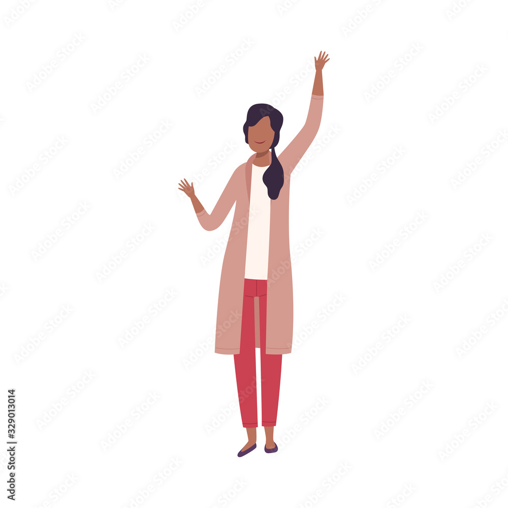 Young Woman Standing with Raising Hands, Female Character Having Fun or Celebrating Success Flat Vector Illustration Young Woman Standing with Raising Hands, Female Character Having Fun or Celebrating Success Flat Vector Illustration