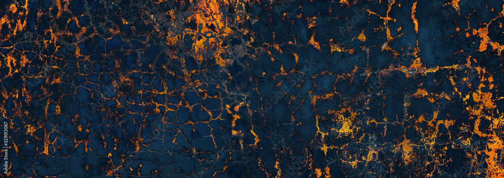 panoramic blue plaster with orange cracks. fire and ice concept background panoramic blue plaster with orange cracks. fire and ice concept background