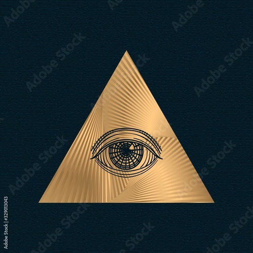 All seeing eye vector, illuminati symbol in triangle with light ray, tattoo design isolated on white background