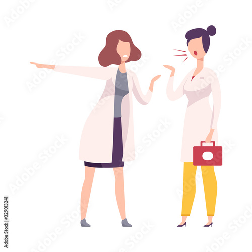 Furious Colleagues Arguing and Shouting, Two Female Doctors Characters Yelling at Each Other Flat Vector Illustration