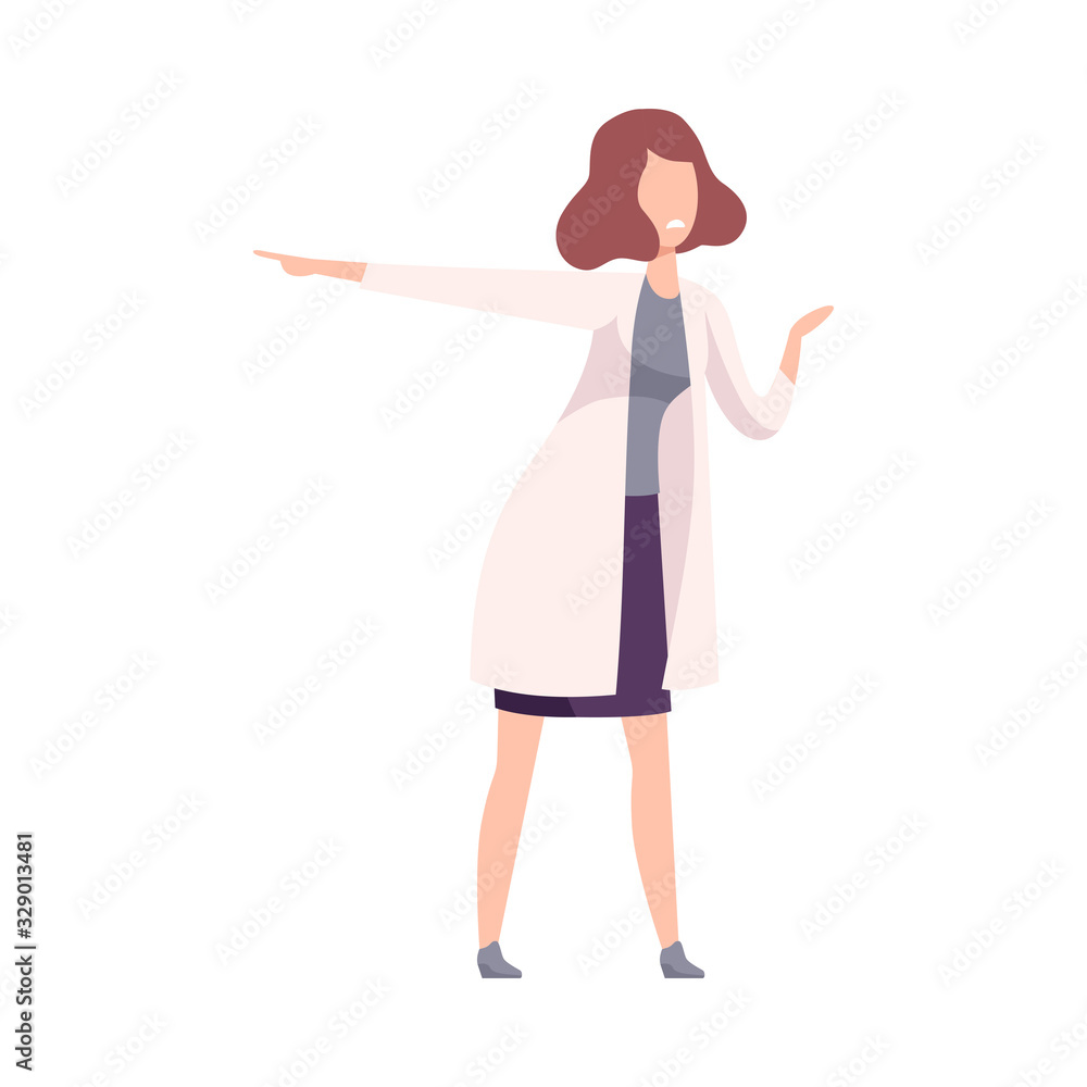 Furious Woman Arguing and Shouting, Female Doctor Character Yelling and Pointing Her Finger Flat Vector Illustration Furious Woman Arguing and Shouting, Female Doctor Character Yelling and Pointing Her Finger Flat Vector Illustration