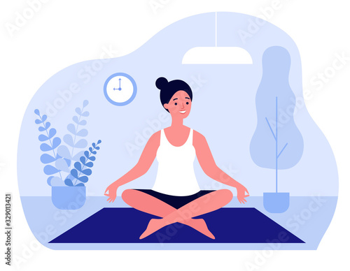 Woman doing morning yoga at home flat vector illustration. Female character sitting in calm posture. Wellness, healthcare and lifestyle concept
