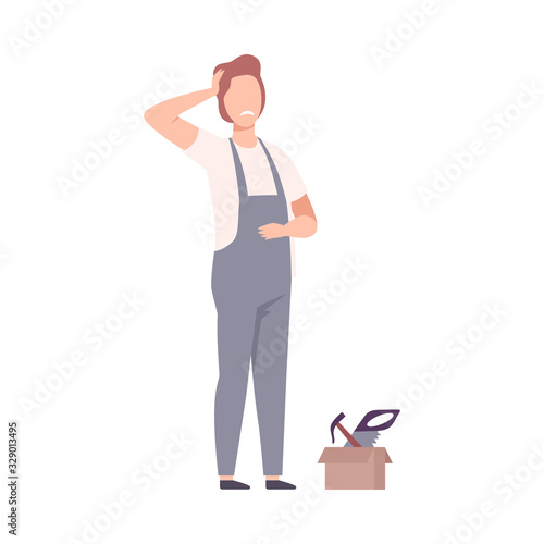 Male Worker Handyman Character with Tool Box, Man Scratching His Head Flat Vector Illustration