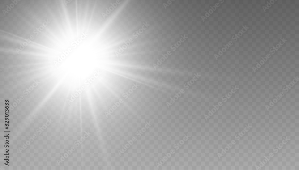 Glow isolated white transparent light effect set, lens flare, explosion, glitter, line, sun flash, spark and stars. - obrazy, fototapety, plakaty 