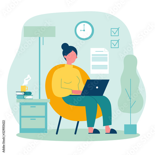 Happy freelance worker working with laptop at home. Woman sitting in armchair, using computer. Vector illustration for freelancer, morning, planning, routine concept