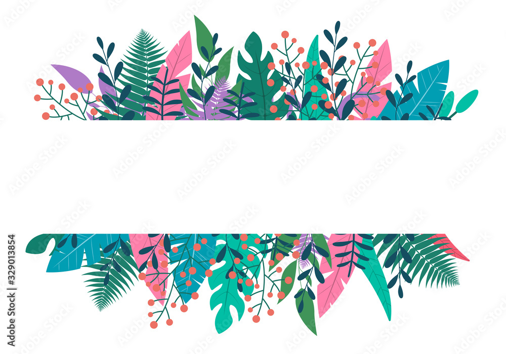 Leaves and green plants frame or border. Floral banner design with ...