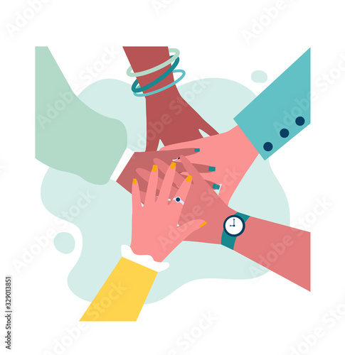 Arms of multiethnic women making unity, togetherness and support gesture. Stack of female hands. Vector illustration for teamwork, cooperation, feminism, community, cooperation concept