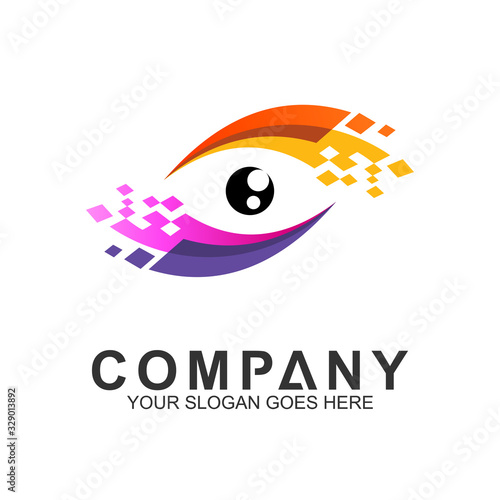Eye logo with pixel motion shape. Vision icon. Eye care vector logo.
