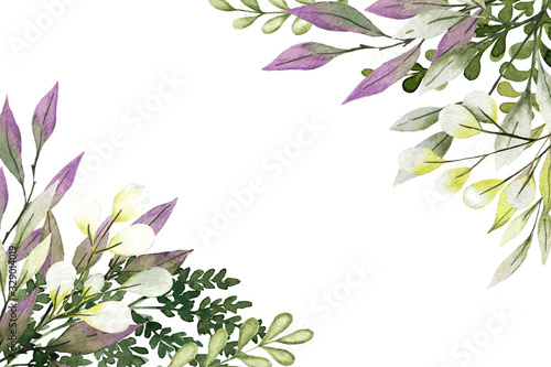 Corner botanical background, greenery with leaves and branches