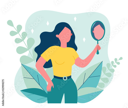 Self centered woman suffering from narcissism. Smiling girl looking at herself in mirror. Vector illustration for ego, psychology, reflection concept