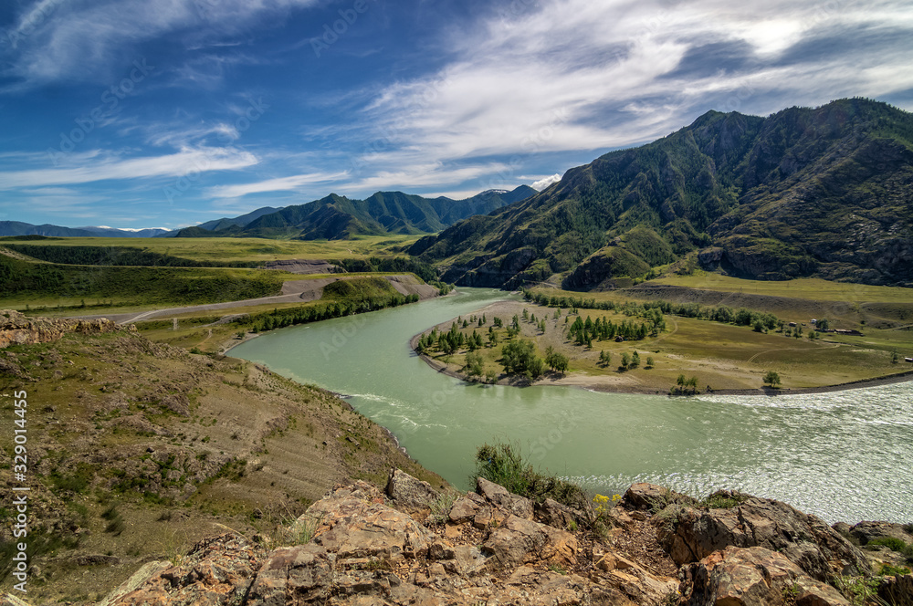 The confluence of the Chui and Katun rivers in the Altai Mountains, Russia, July