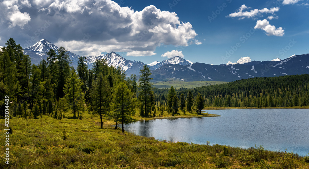 panorama of the summer mountain Altai with Lake Kidelu, Russia July