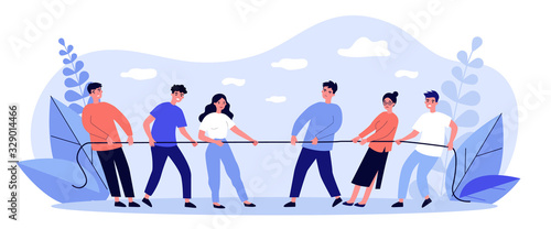 People playing game and pulling rope flat vector illustration. Office contest for two teams resisting each other in struggle. Competition, challenge and confrontation concept