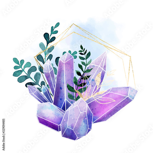Watercolor gems, crystals and leaves, hand drawn watercolor composition
