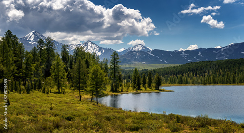 panorama of the summer mountain Altai with Lake Kidelu, Russia July