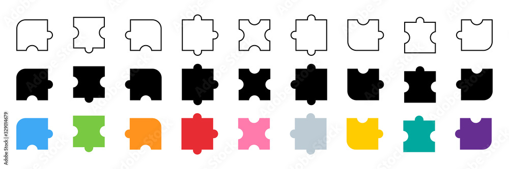 Puzzle collection. Puzzle pieces different color and design. Puzzle jigsaw, isolated on white background in flat, web and linear design. Vector illustration Puzzle collection. Puzzle pieces different color and design. Puzzle jigsaw, isolated on white background in flat, web and linear design. Vector illustration