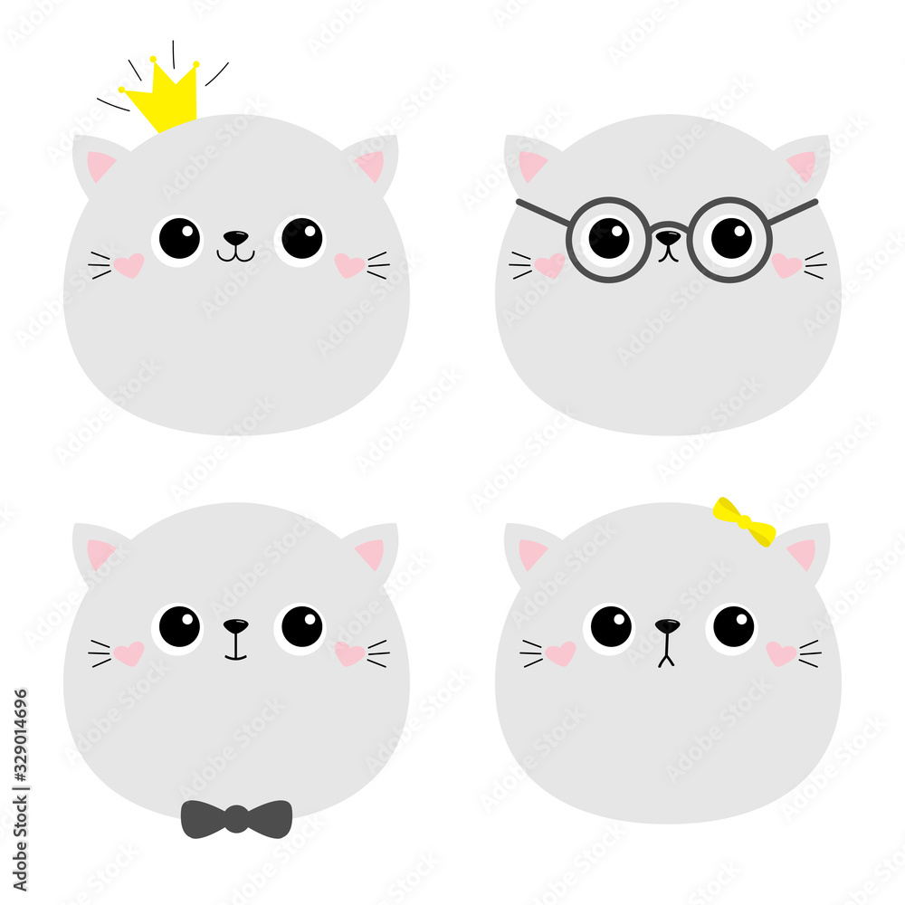 Cat ktten face icon set. Cute kawaii kitty animal. Crown, glassess, bow, sunglasses. Kids print poster, t-shirt. Cartoon funny baby. Love Scandinavian style. Flat design. White background. Cat ktten face icon set. Cute kawaii kitty animal. Crown, glassess, bow, sunglasses. Kids print poster, t-shirt. Cartoon funny baby. Love Scandinavian style. Flat design. White background.