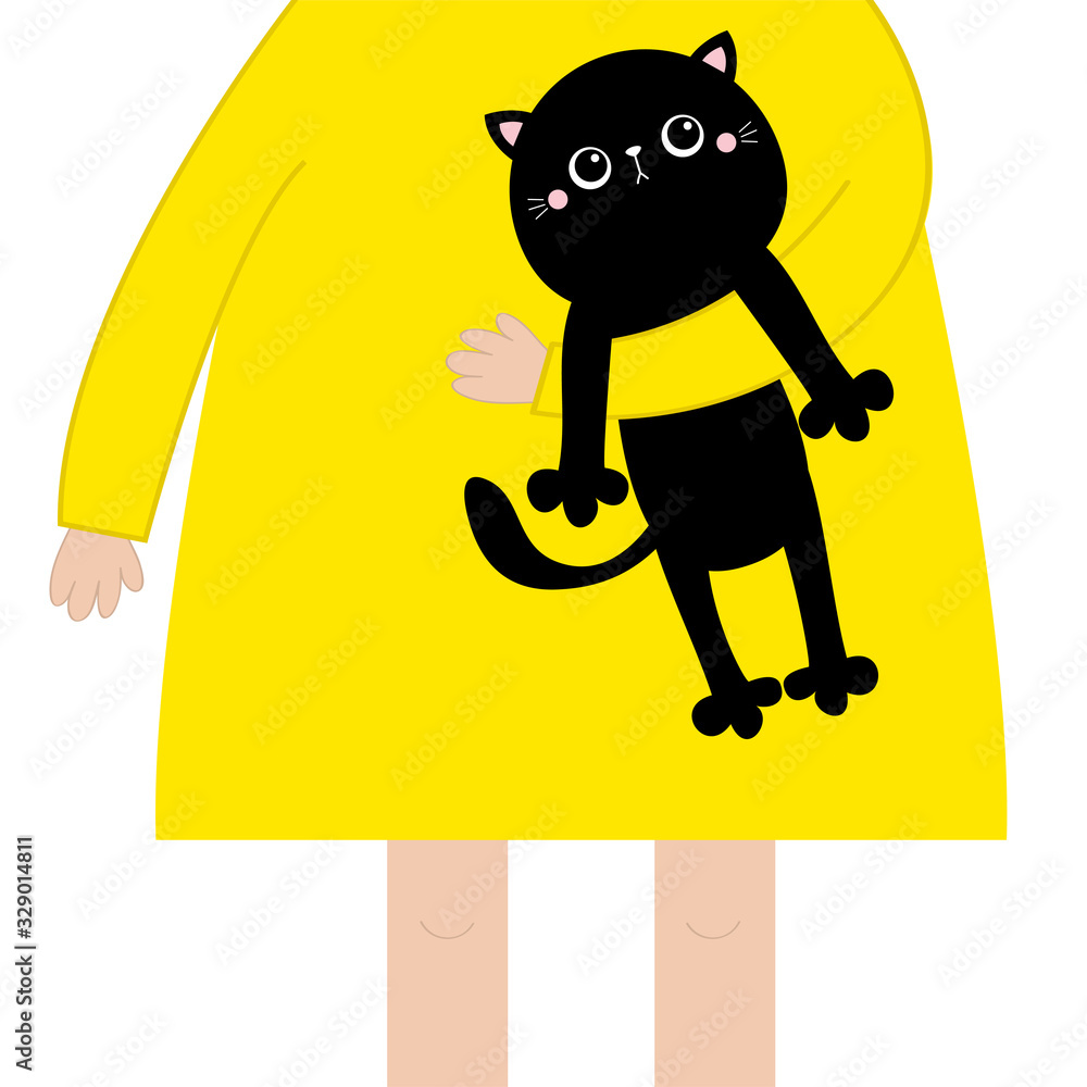 Girl holding black cat kitten. Cute cartoon kawaii funny baby chatacter.  Hanging body paw print, tail. Black animal. Adopt me. Pet collection. Flat  design. White background. Isolated. Stock Vector | Adobe Stock