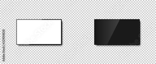 TV with different screens. White and black Screen in television. TV monitor screen with shadow, isolated on transparent background. Vector illustration