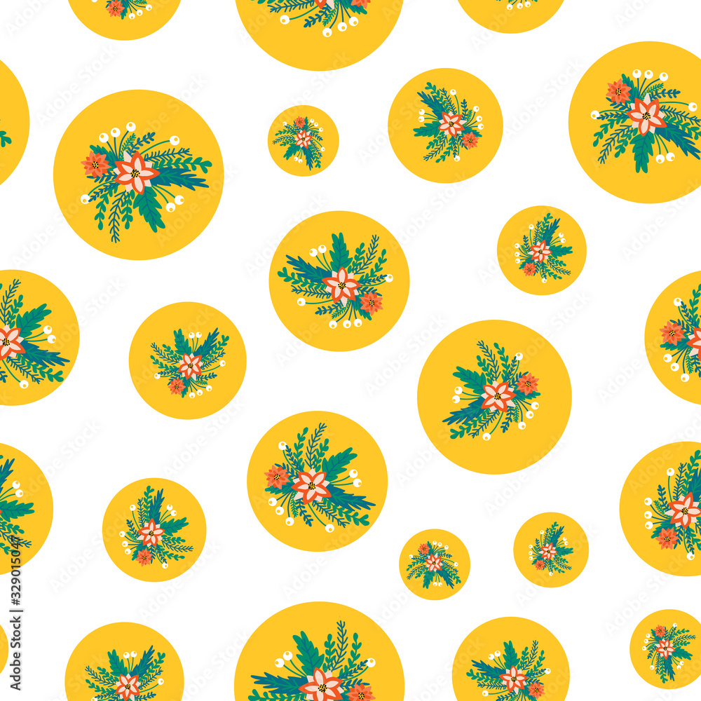 Flower arrangements in yellow polka dots seamless vector background. Creative abstract spring or summer repeating geometric and floral pattern. Flower arrangements in yellow polka dots seamless vector background. Creative abstract spring or summer repeating geometric and floral pattern.
