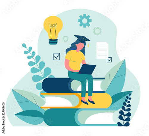 Student girl wearing graduation cap, studying with laptop. Young woman sitting on stack of books, getting knowledge online. Vector illustration for e-learning, internet course, school concept