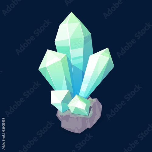 Blue crystal gem, jewel rock mineral stone. isolated natural green turquoise gemstone opal, emerald or quartz glass, jewelry and geology magic crystal, computer game item, Cartoon vector object