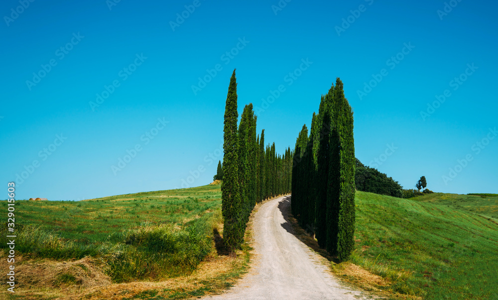 Majestic view of typical Tuscany countryside nature landscape. Beautiful hills, fields and rural road. Italy, Europe.