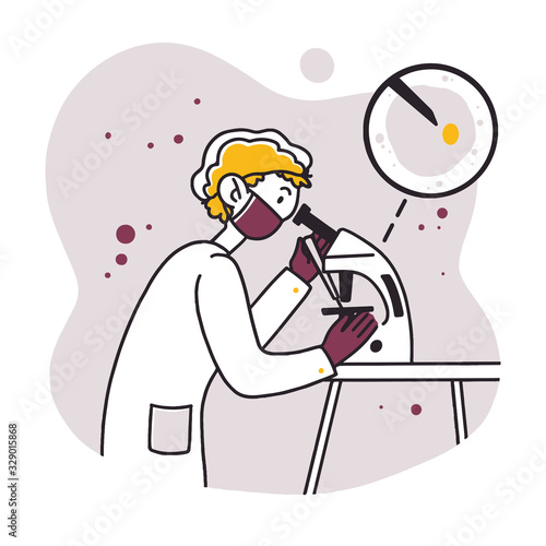 Lab worker doing research. Scientist using microscope, studying microbe or virus flat vector illustration. Laboratory, chemistry, medical test concept for banner, website design or landing web page